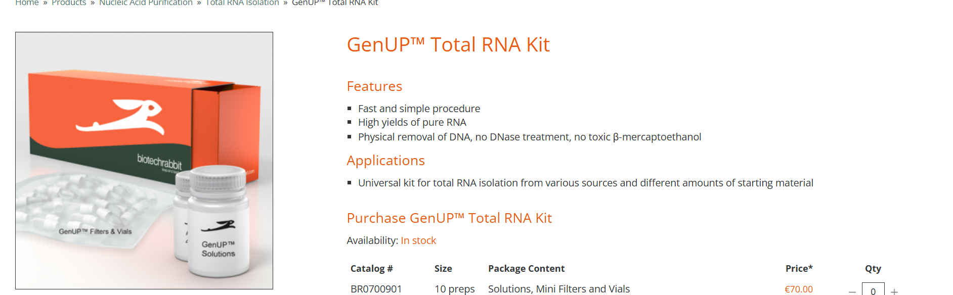 GenUP Total RNA Kit product page showing the kit, key features, applications, and ordering information.
